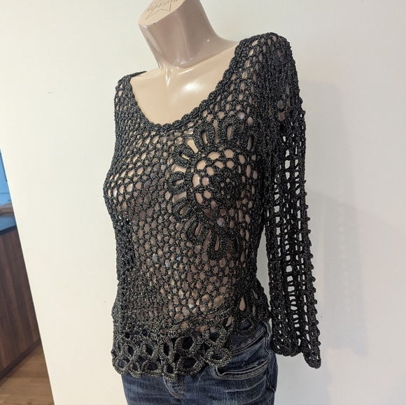 😍🤩 Chic dark grey Crochet boho top XL fit Large - Picture 3 of 9
